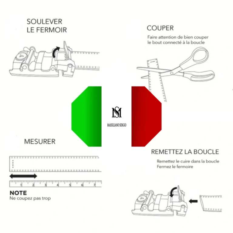 Illustration des étapes pour ajuster une ceinture automatique en cuir avec boucle amovible, par Massiliano Sergio