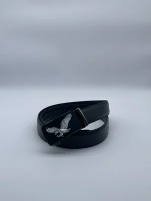 Ceinture noire en cuir pour homme avec boucle aigle chromée
